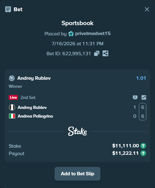 Bet slip: Andrey Rublev - Andrea Pellegrino, $11,111.00 stake at 1.01 odds, placed by privetmedvet15
