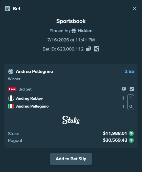 Bet slip: Andrey Rublev - Andrea Pellegrino, $12,000.00 stake at 2.55 odds, placed by Hidden