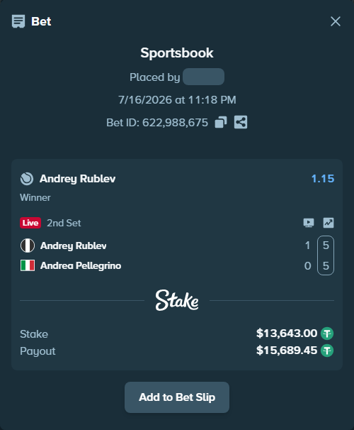 Bet slip: Andrey Rublev - Andrea Pellegrino, $13,643.00 stake at 1.15 odds, placed by antoniku