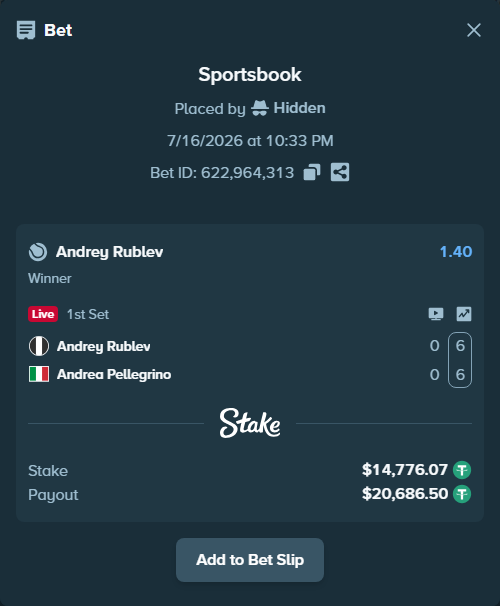 Bet slip: Andrey Rublev - Andrea Pellegrino, $14,776.07 stake at 1.40 odds, placed by Hidden