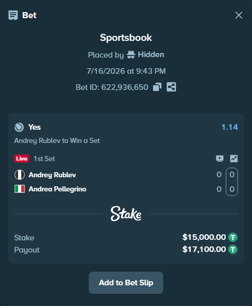 Bet slip: Andrey Rublev - Andrea Pellegrino, $15,000.00 stake at 1.14 odds, placed by Hidden