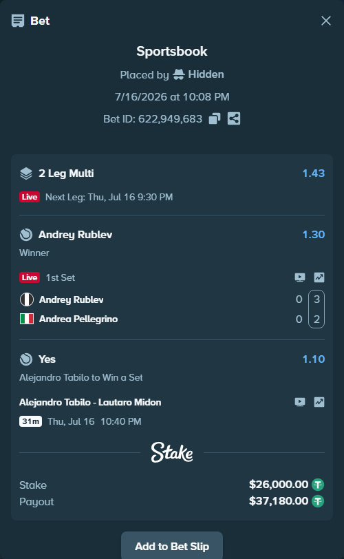 Bet slip: Andrey Rublev - Andrea Pellegrino, $26,000.00 stake at 1.30 odds, placed by Hidden