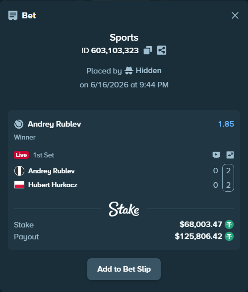 Bet slip: Andrey Rublev - Hubert Hurkacz, $68,071.48 stake at 1.85 odds, placed by Hidden