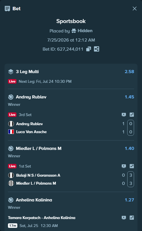 Bet slip: Andrey Rublev - Luca Van Assche, $12,782.00 stake at 1.45 odds, placed by Hidden