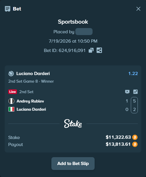 Bet slip: Andrey Rublev - Luciano Darderi, $11,325.33 stake at 1.22 odds, placed by Mashko21