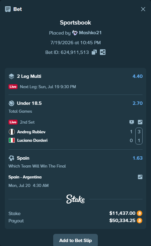 Bet slip: Andrey Rublev - Luciano Darderi, $13,898.86 stake at 2.70 odds, placed by Mashko21