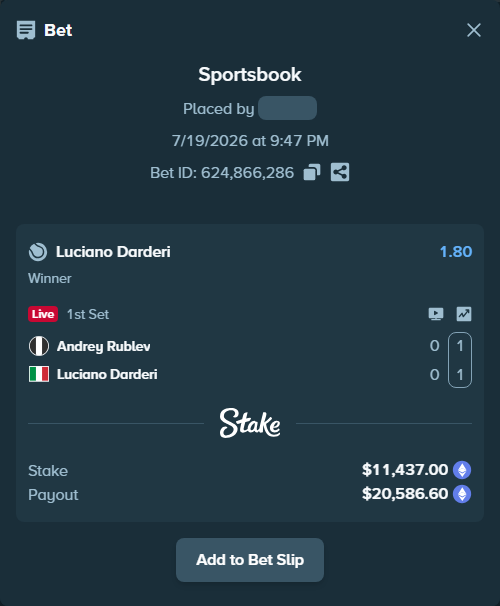 Bet slip: Andrey Rublev - Luciano Darderi, $11,651.83 stake at 1.80 odds, placed by Mashko21