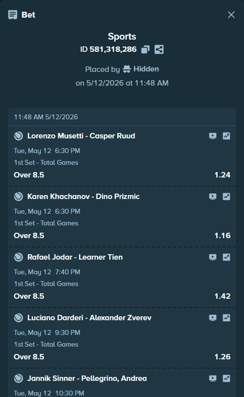 Bet slip: Andrey Rublev - Nikoloz Basilashvili, $10,000.00 stake at 1.24 odds, placed by Hidden