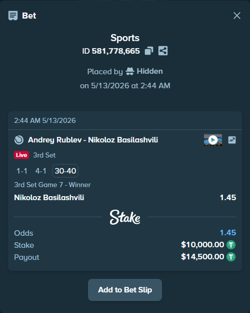Bet slip: Andrey Rublev - Nikoloz Basilashvili, $10,000.00 stake at 1.45 odds, placed by Hidden