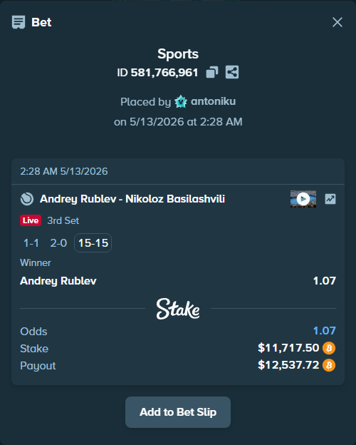 Bet slip: Andrey Rublev - Nikoloz Basilashvili, $9,371.30 stake at 1.07 odds, placed by antoniku