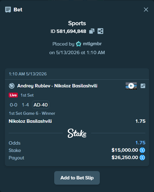 Bet slip: Andrey Rublev - Nikoloz Basilashvili, $15,000.00 stake at 1.75 odds, placed by mtlgmbr