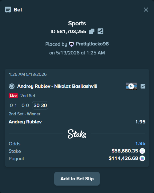 Bet slip: Andrey Rublev - Nikoloz Basilashvili, $45,610.22 stake at 1.95 odds, placed by Prettylfacko98