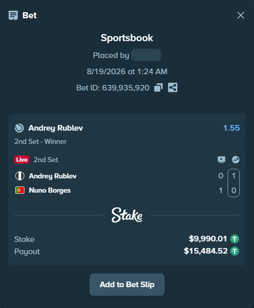 Bet slip: Andrey Rublev - Nuno Borges, $10,000.00 stake at 1.55 odds, placed by Mopsik33
