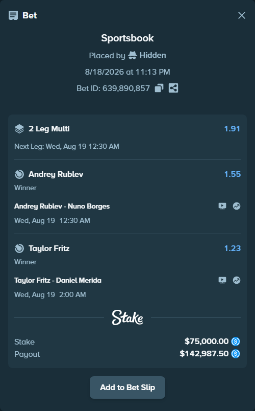 Bet slip: Andrey Rublev - Nuno Borges, $75,000.00 stake at 1.55 odds, placed by Hidden