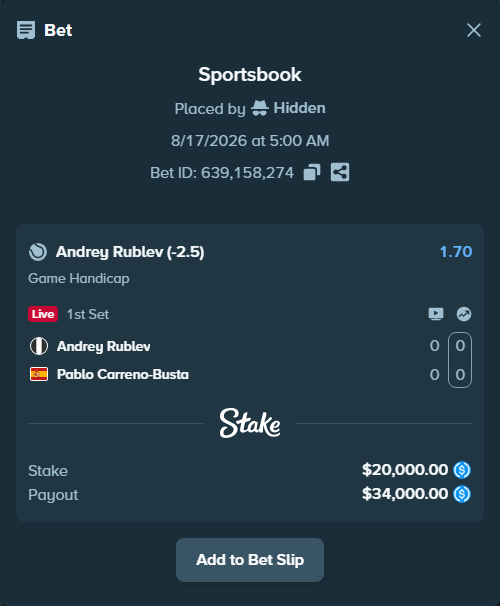 Bet slip: Andrey Rublev - Pablo Carreno-Busta, $20,000.00 stake at 1.70 odds, placed by Hidden