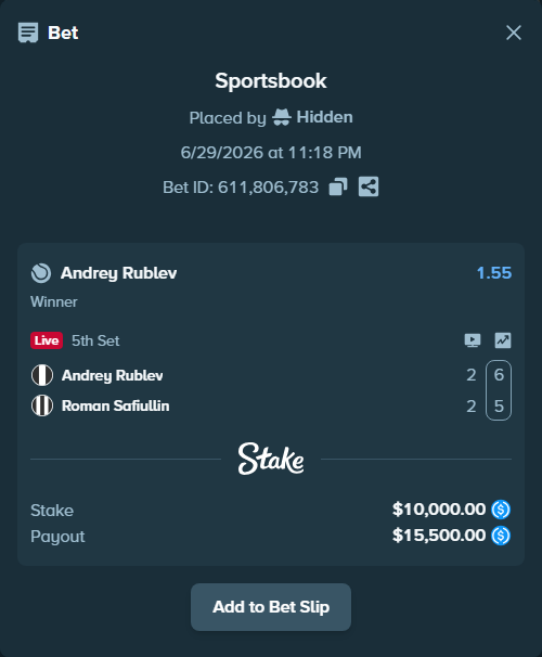 Bet slip: Andrey Rublev - Roman Safiullin, $10,000.00 stake at 1.55 odds, placed by Hidden