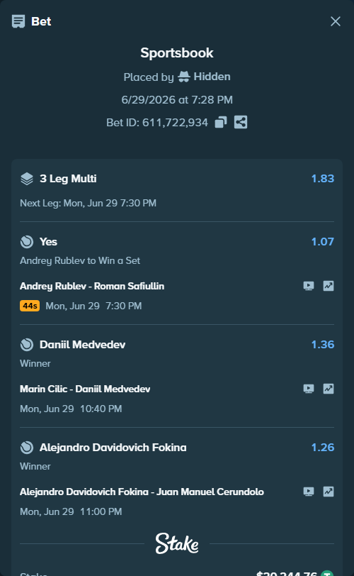 Bet slip: Andrey Rublev - Roman Safiullin, $20,265.00 stake at 1.07 odds, placed by Hidden