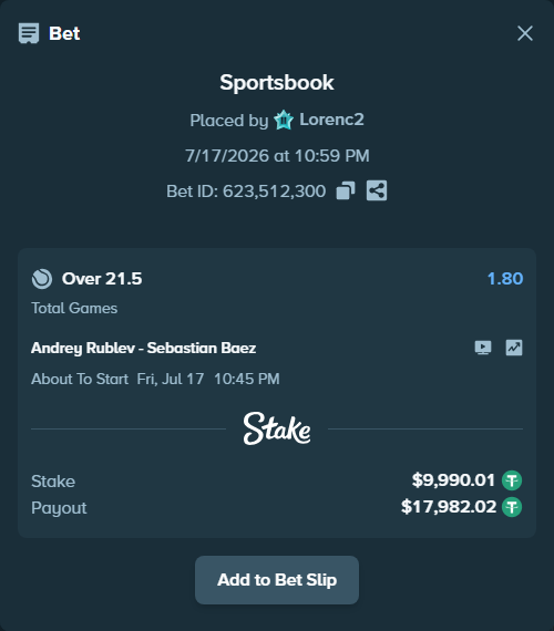Bet slip: Andrey Rublev - Sebastian Baez, $10,000.00 stake at 1.80 odds, placed by Lorenc2