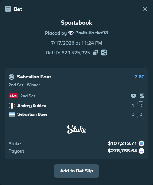 Bet slip: Andrey Rublev - Sebastian Baez, $106,038.50 stake at 2.60 odds, placed by Prettylfacko98