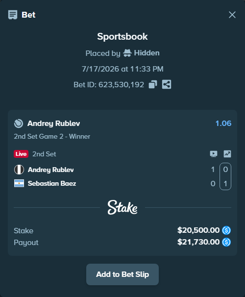 Bet slip: Andrey Rublev - Sebastian Baez, $20,500.00 stake at 1.06 odds, placed by Hidden