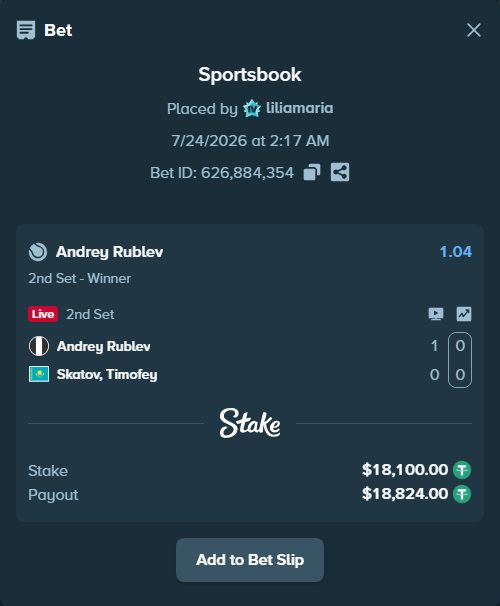 Bet slip: Andrey Rublev - Skatov, Timofey, $18,118.10 stake at 1.04 odds, placed by liliamaria