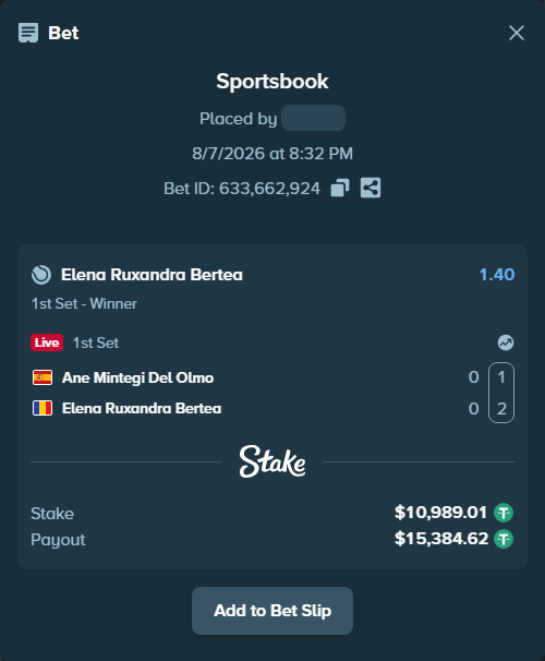 Bet slip: Ane Mintegi Del Olmo - Elena Ruxandra Bertea, $11,000.00 stake at 1.40 odds, placed by Regenergy