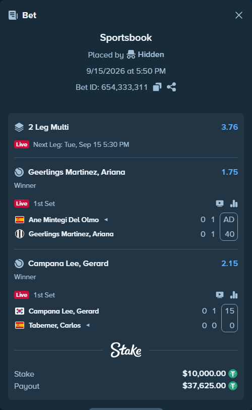 Bet slip: Ane Mintegi Del Olmo - Geerlings Martinez, Ariana, $10,000.00 stake at 1.75 odds, placed by Hidden