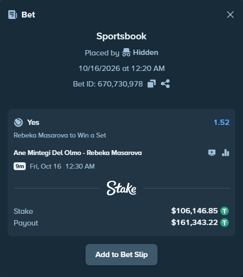 Bet slip: Ane Mintegi Del Olmo - Rebeka Masarova, $106,253.00 stake at 1.52 odds, placed by Hidden
