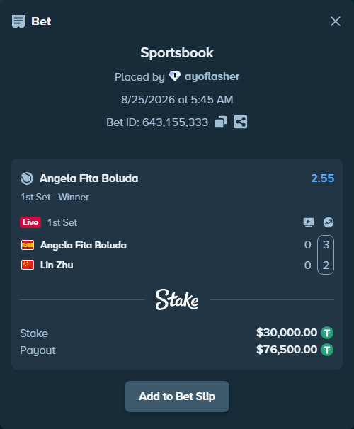 Bet slip: Angela Fita Boluda - Lin Zhu, $30,000.00 stake at 2.55 odds, placed by ayoflasher