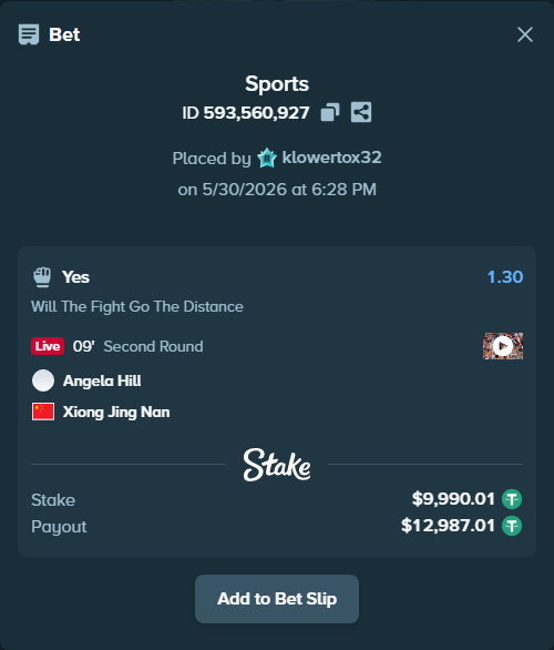 Bet slip: Angela Hill - Xiong Jing Nan, $10,000.00 stake at 1.30 odds, placed by klowertox32