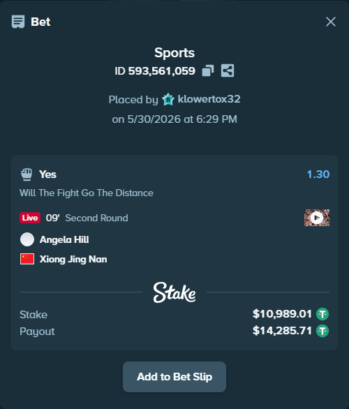 Bet slip: Angela Hill - Xiong Jing Nan, $11,000.00 stake at 1.30 odds, placed by klowertox32