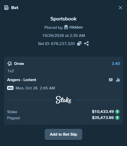 Bet slip: Angers - Lorient, $10,443.92 stake at 3.40 odds, placed by Hidden