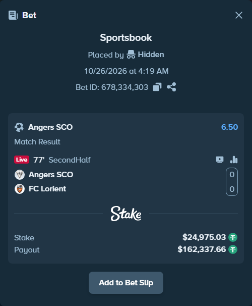 Bet slip: Angers - Lorient, $25,000.00 stake at 6.50 odds, placed by TheEarlinGrey