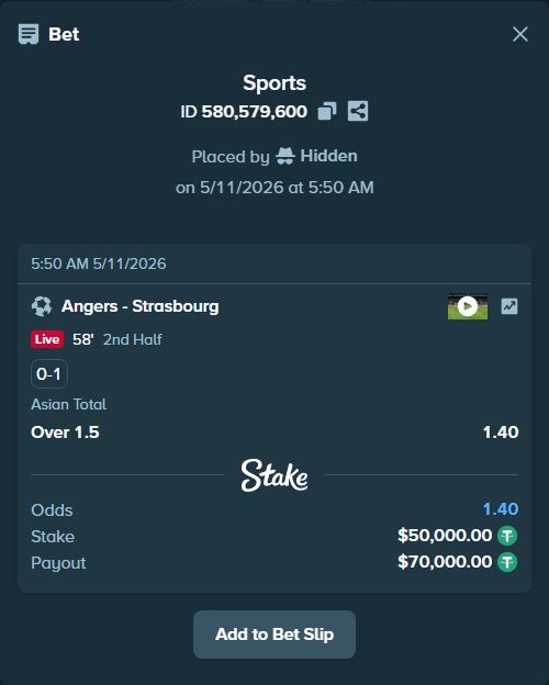 Bet slip: Angers - Strasbourg, $50,000.00 stake at 1.40 odds, placed by Hidden