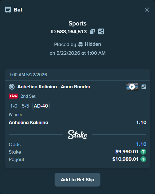 Bet slip: Anhelina Kalinina - Anna Bondar, $10,000.00 stake at 1.10 odds, placed by Hidden