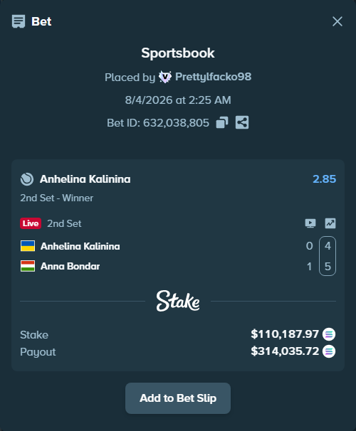 Bet slip: Anhelina Kalinina - Anna Bondar, $109,060.24 stake at 2.85 odds, placed by Prettylfacko98