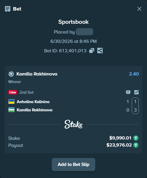 Bet slip: Anhelina Kalinina - Kamilla Rakhimova, $10,000.00 stake at 2.40 odds, placed by WinTr10