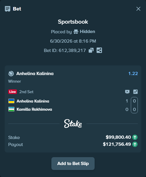 Bet slip: Anhelina Kalinina - Kamilla Rakhimova, $100,000.00 stake at 1.22 odds, placed by Hidden