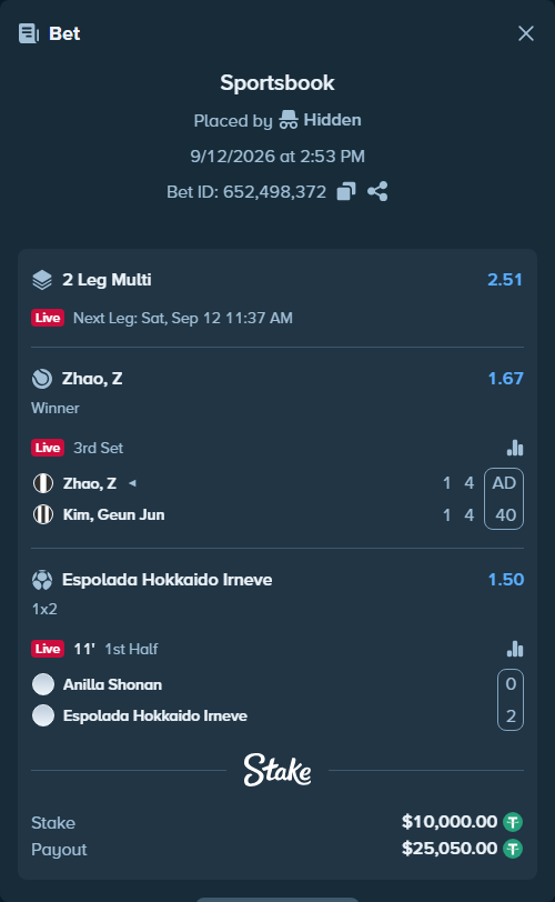 Bet slip: Anilla Shonan - Espolada Hokkaido Irneve, $10,000.00 stake at 1.50 odds, placed by Hidden