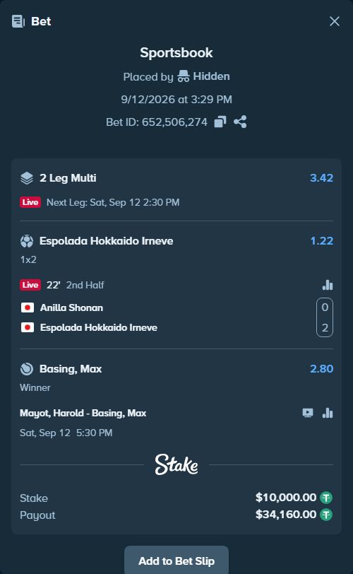 Bet slip: Anilla Shonan - Espolada Hokkaido Irneve, $10,000.00 stake at 1.22 odds, placed by Hidden