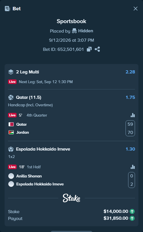 Bet slip: Anilla Shonan - Espolada Hokkaido Irneve, $14,000.00 stake at 1.30 odds, placed by Hidden