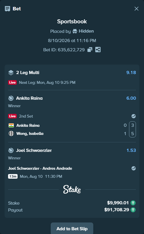 Bet slip: Ankita Raina - Wong, Isabella, $10,000.00 stake at 6.00 odds, placed by Hidden