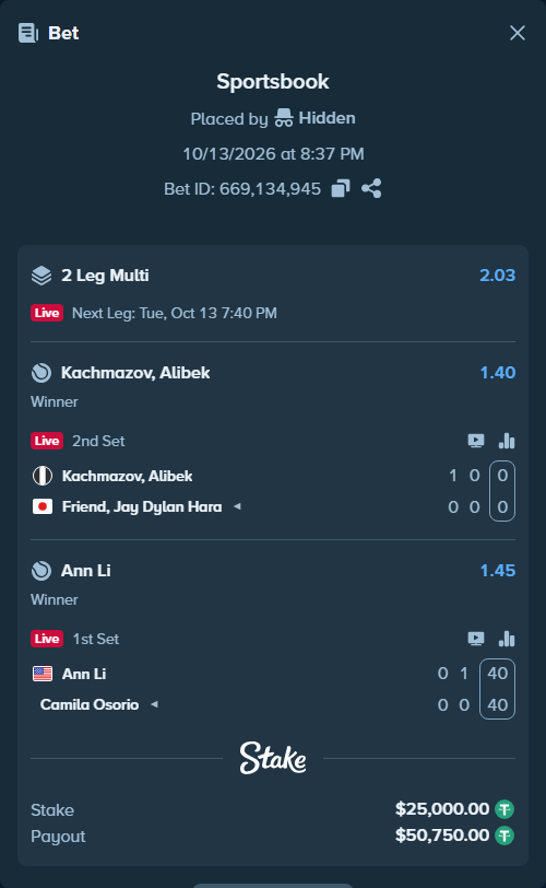 Bet slip: Ann Li - Camila Osorio, $25,025.00 stake at 1.45 odds, placed by Hidden
