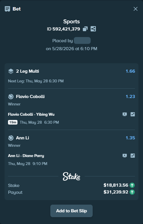 Bet slip: Ann Li - Diane Parry, $18,851.19 stake at 1.35 odds, placed by hingis79