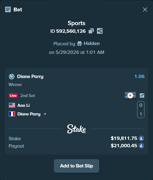Bet slip: Ann Li - Diane Parry, $17,316.10 stake at 1.06 odds, placed by Hidden