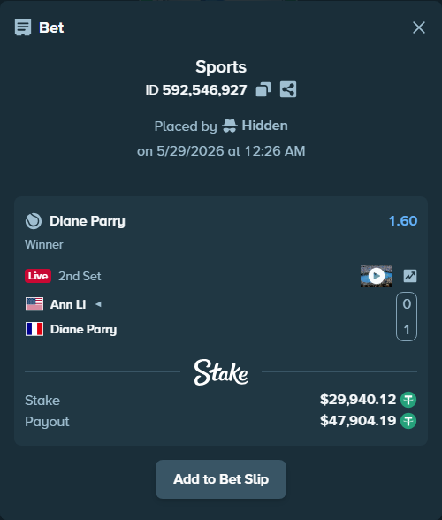 Bet slip: Ann Li - Diane Parry, $30,000.00 stake at 1.60 odds, placed by Hidden