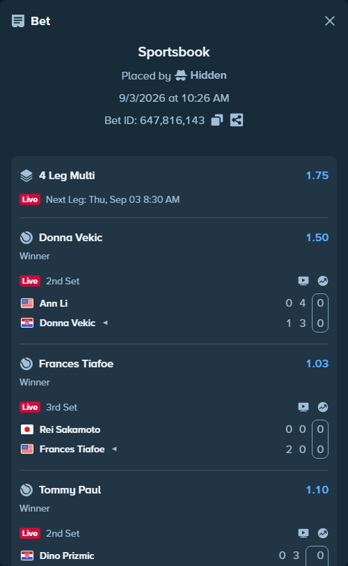 Bet slip: Ann Li - Donna Vekic, $17,284.02 stake at 1.50 odds, placed by Hidden