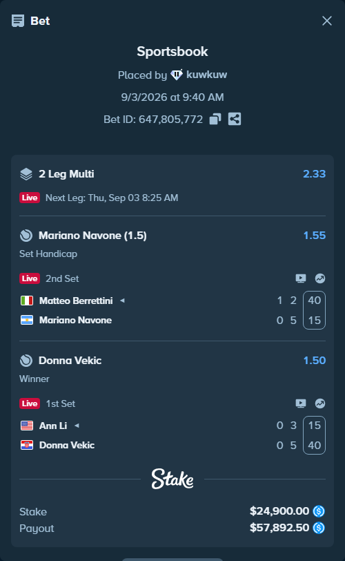 Bet slip: Ann Li - Donna Vekic, $24,900.00 stake at 1.50 odds, placed by kuwkuw