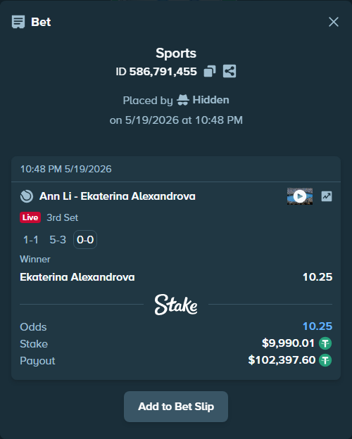 Bet slip: Ann Li - Ekaterina Alexandrova, $10,000.00 stake at 10.25 odds, placed by Hidden