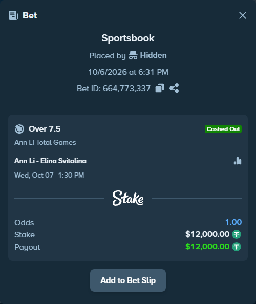 Bet slip: Ann Li - Elina Svitolina, $12,000.00 stake at 1.64 odds, placed by mainTerafit